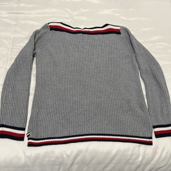 Tommy Hilfiger Varsity Cable Knit Sweater Gray Red White Blue Womens M Preppy - Picture 5 of 7